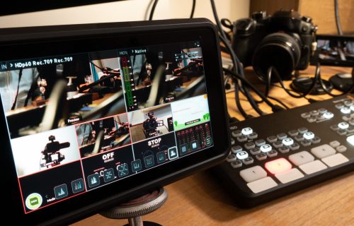 streaming setup with video mixer, camera and screen